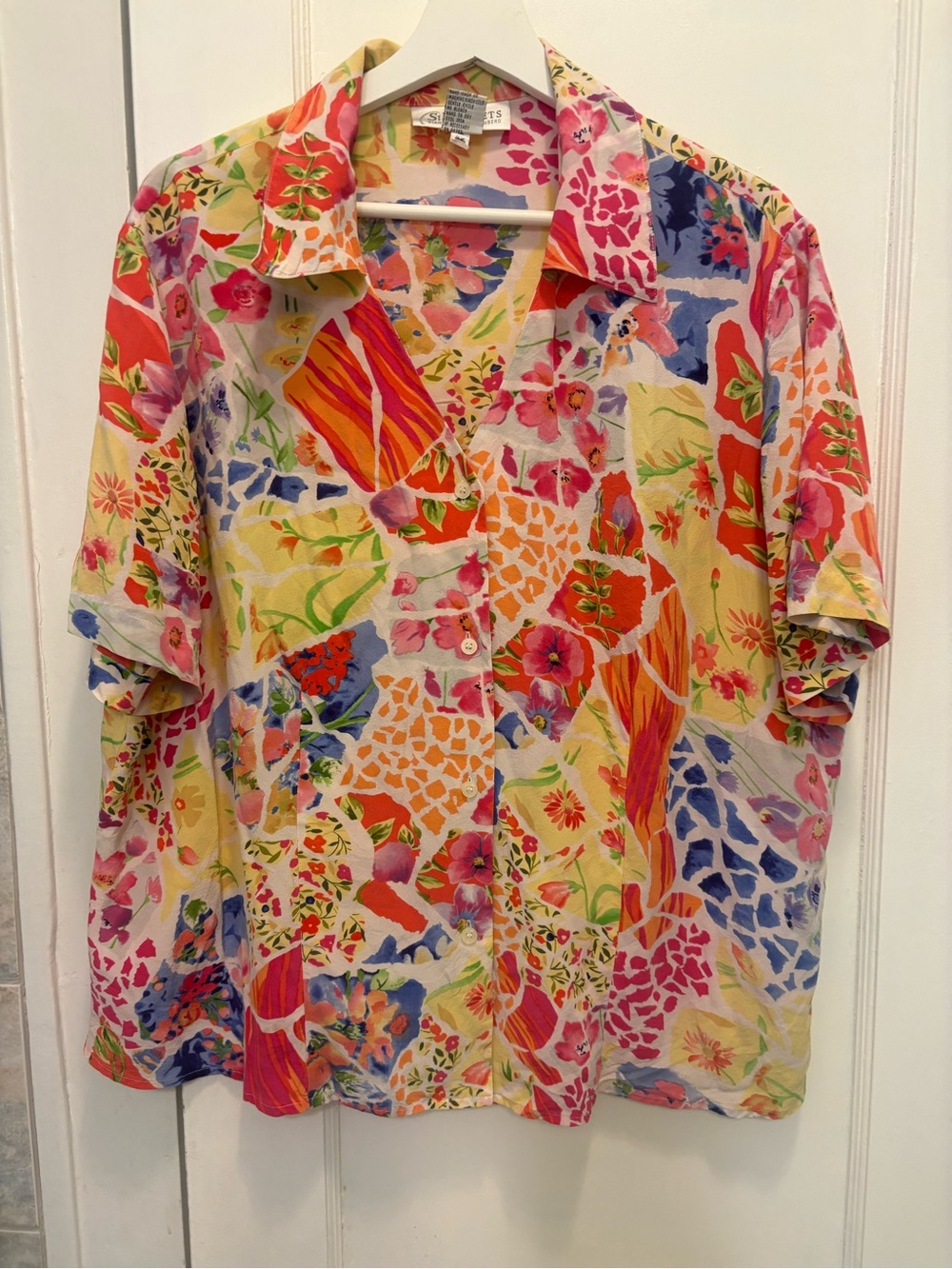 Vibrant Multicolor Floral Silk Button-Up Shirt, vintage